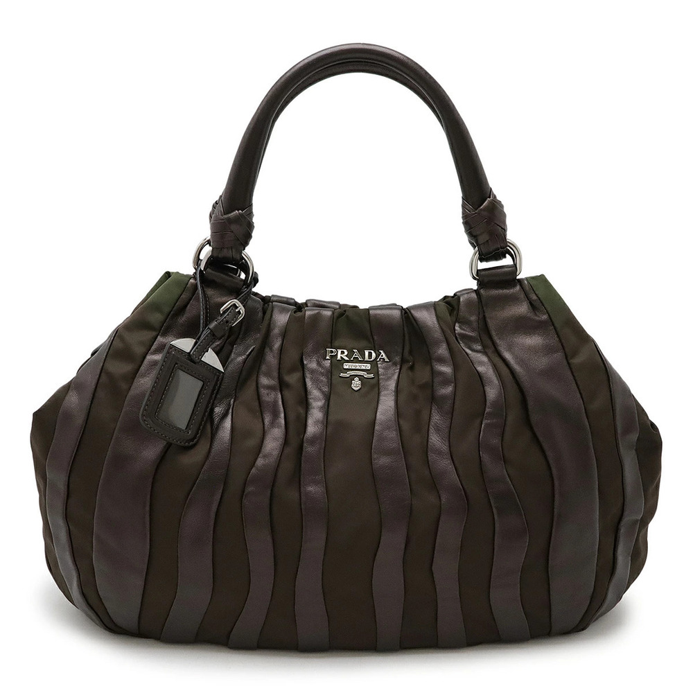 Prada Crimson Tote Bag Handbag Striped Leather Khaki Green Brown
